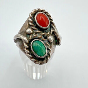 Native American Sterling Silver Turquoise & Coral Rattlesnake Ring - Size 8.5